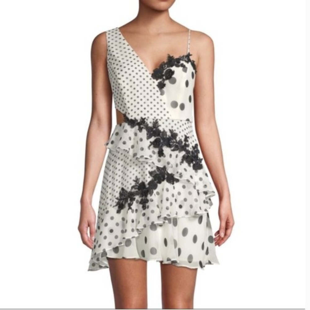 BCBG mini polka dot asymmetrical dress with cutout